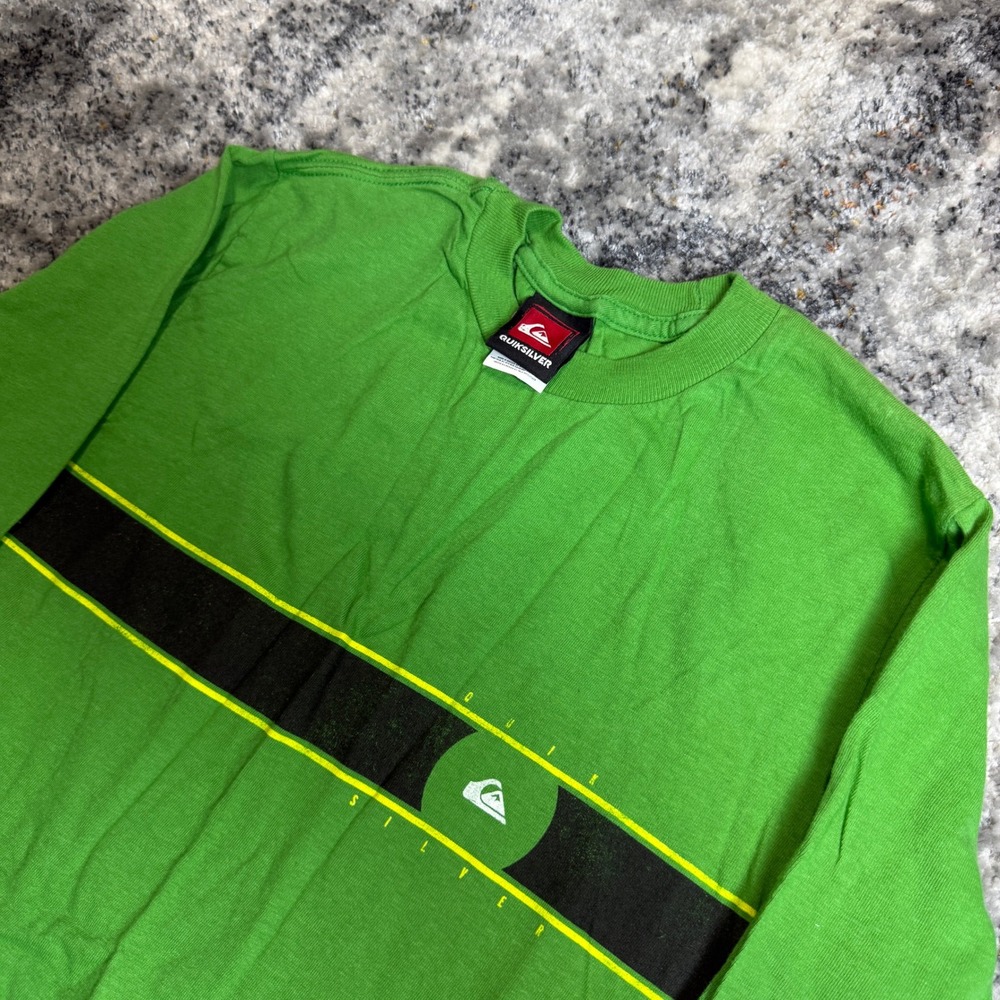 Quiksilver‎ Mens Long Sleeve Graphic T-Shirt Green Black Stripe Logo Small